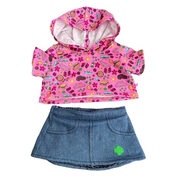 Build A Bear BABW Girl Scouts Outfit Denim Skirt Hoodie Pullover Pink Blue 2 Pc - Picture 1 of 7